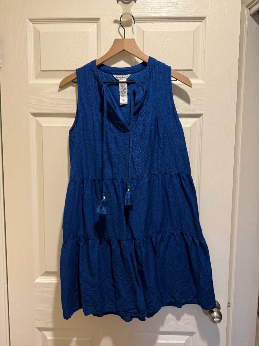 Tommy Bahama Blue Linen-Blend Tiered Mini Dress, Size Medium